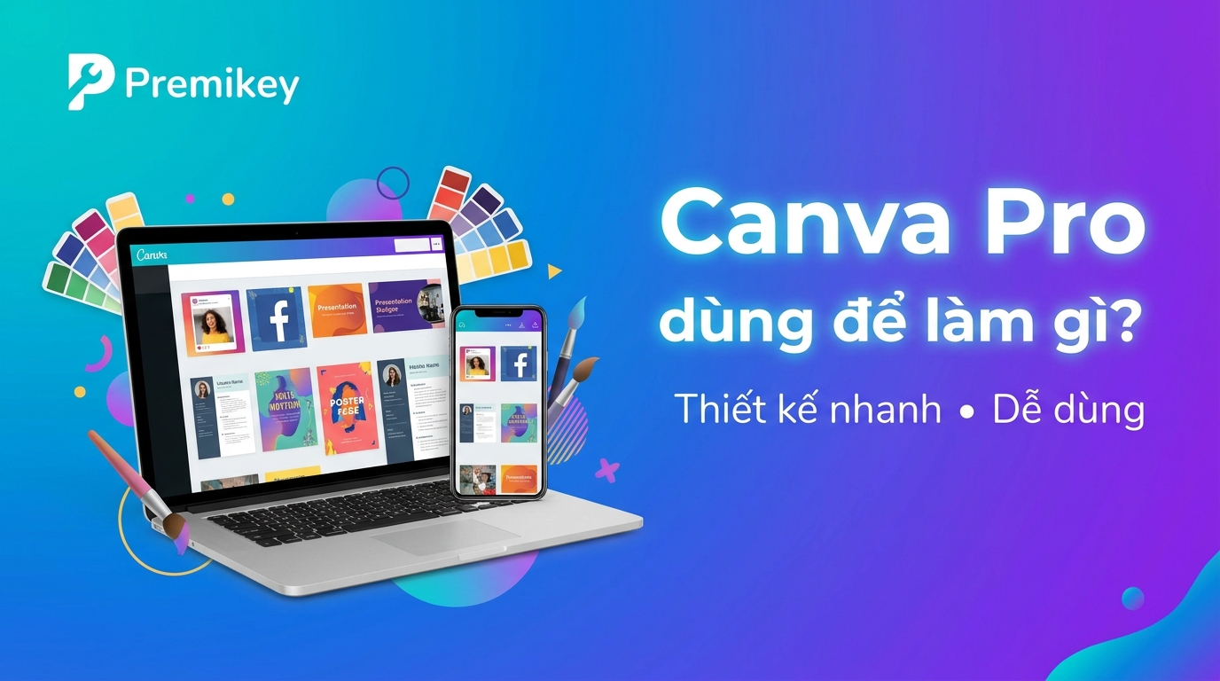 Canva Pro hỗ trợ thiết kế ảnh, banner, slide, CV, poster, bài đăng mạng xã hội và nội dung bán hàng nhanh chóng, phù hợp cho người mới.